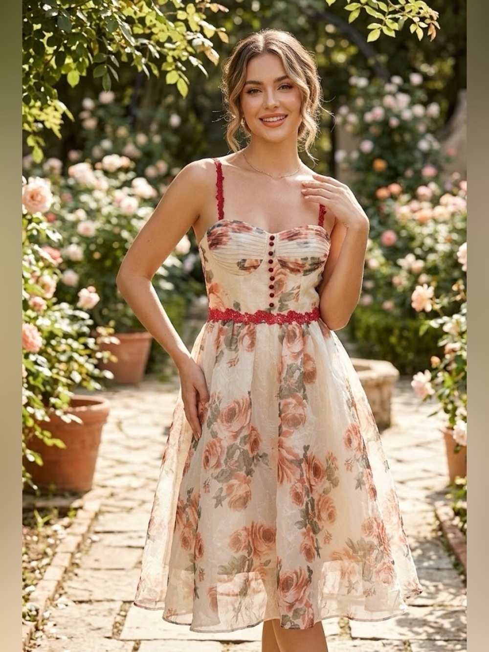 ✨ Gorgeous Lu Ulla Romantic Floral Organza Midi Dress ✨ Tea Dress in Blush Rose